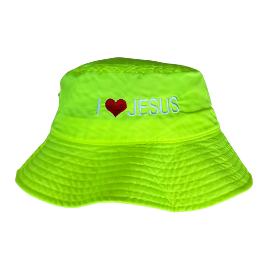 I Love Jesus Bucket Hat (Neon Green/White)